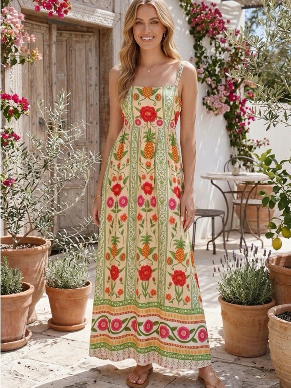 Floral Pineapple Print Maxi Sundress - Cream & Green